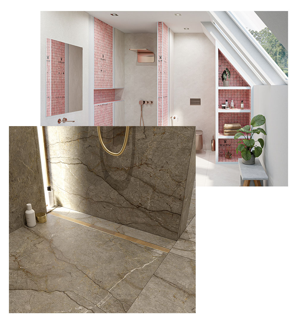 GURU shower waterproofing products, showing professional installation and high quality materials.